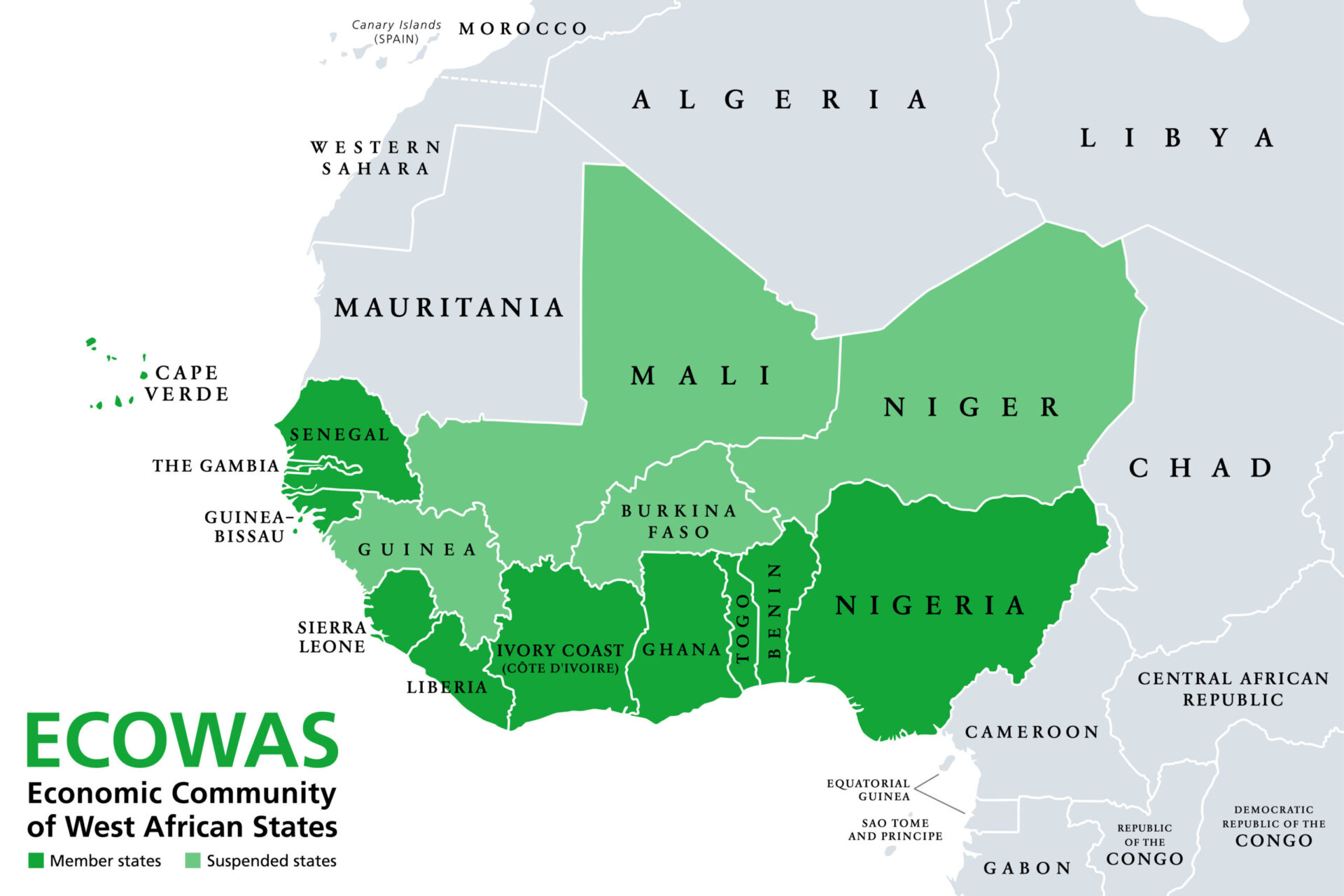 Ramani ya nchi za Magharibi ya Afrika ambazo ni wanachama wa ECOWAS katika vipindi tofauti.